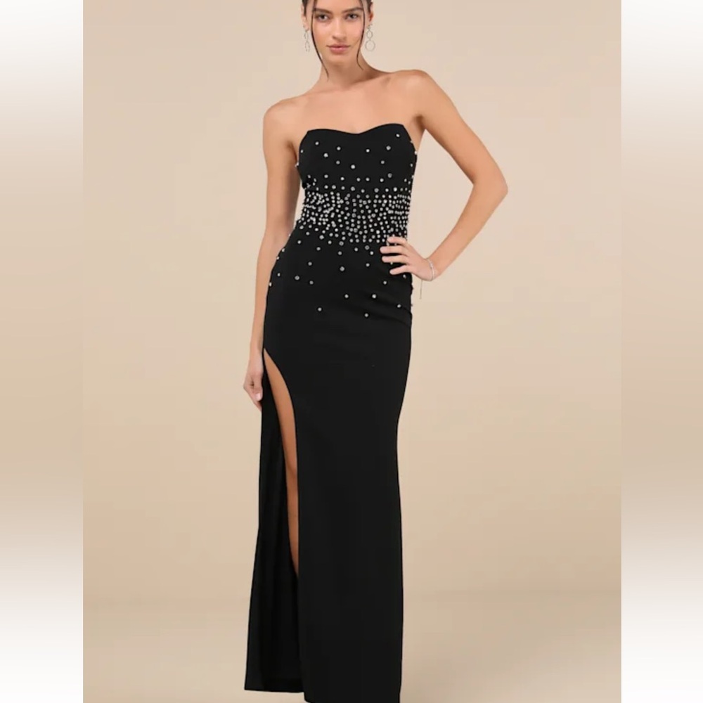 New Lulus Black Rhinestone Strapless Bustier Maxi Glam Dress XS - Picture 3 of 6